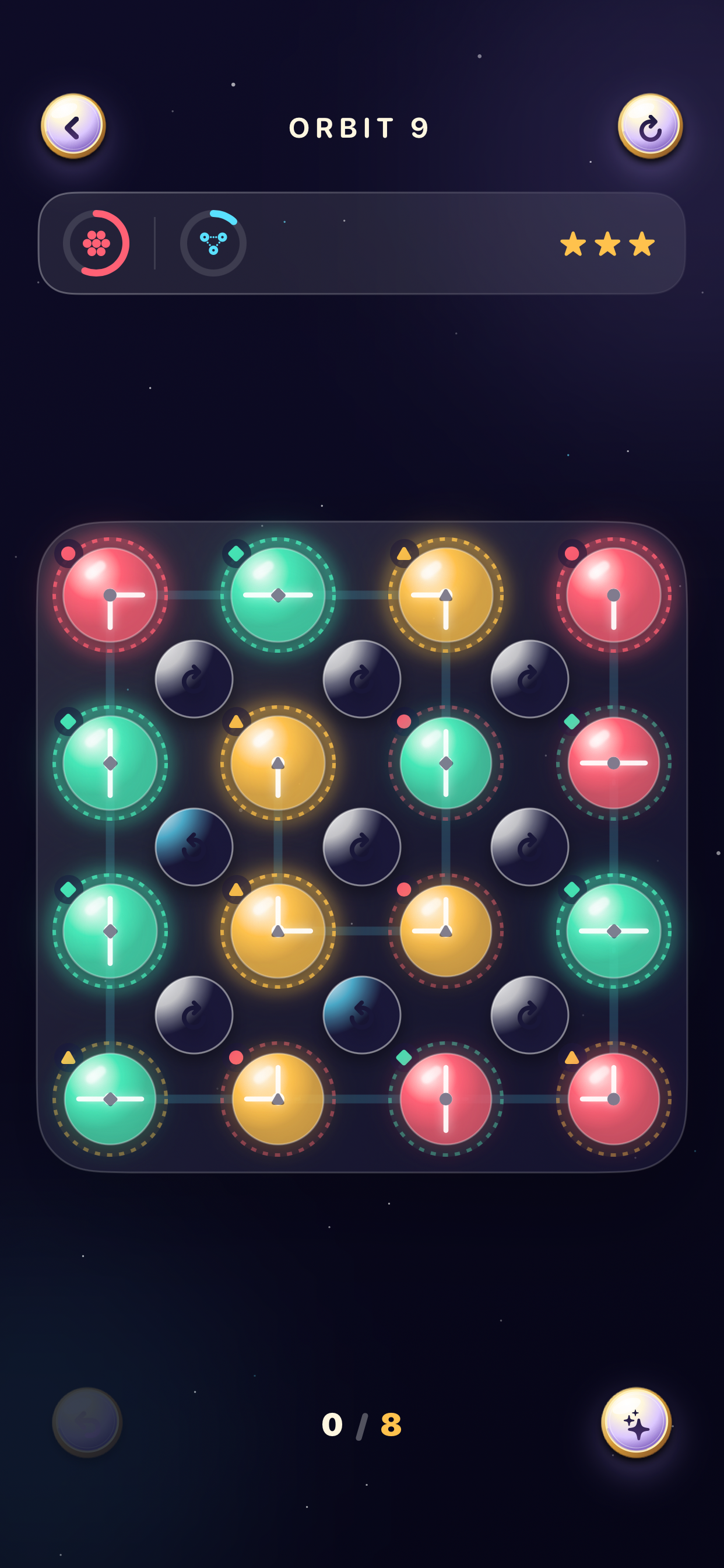 Twirlune Starweave puzzle with colorful jewel orbs